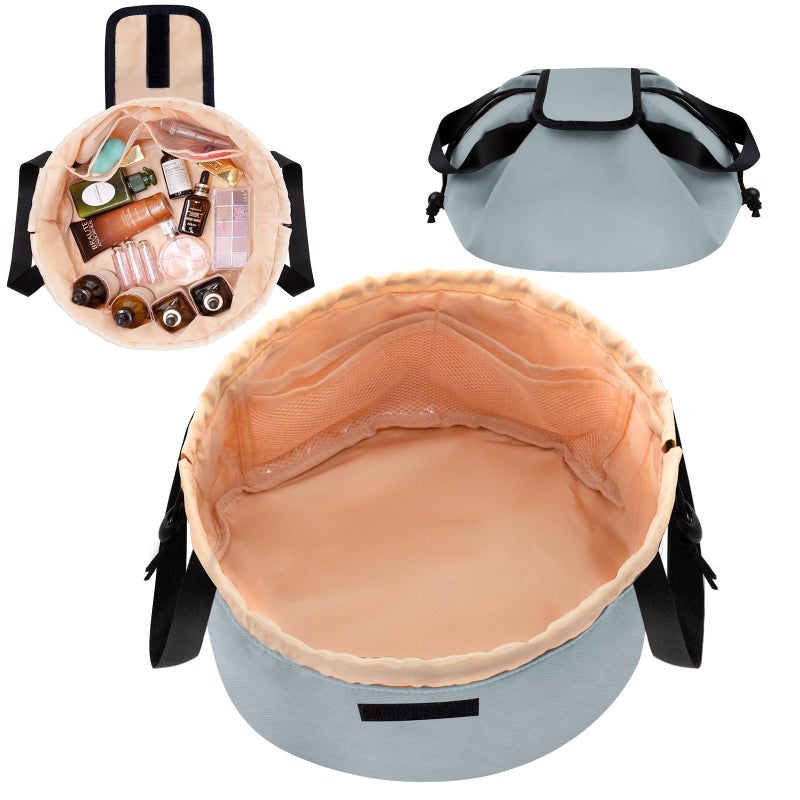 TAPMEI Barrel Drawstring Makeup Bag Large Travel Makeup Bag Portable Large Capacity Cosmetic Bag Toiletry Organizer for Travel Accessories Make Up Essentials and Hair Product Gifts for Women (greyish blue) - Image 1